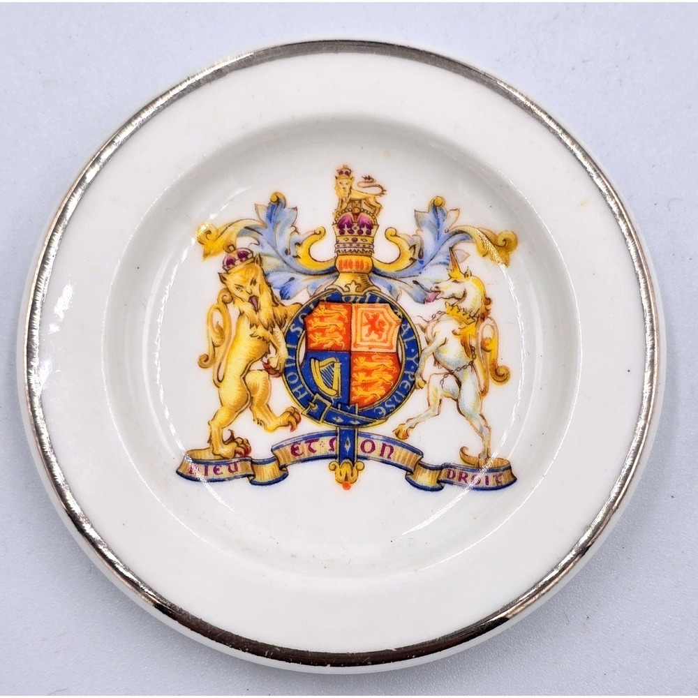 Vintage British Royal Coat of Arms Porcelain Butter Pat Trinket Dish Silver Rim